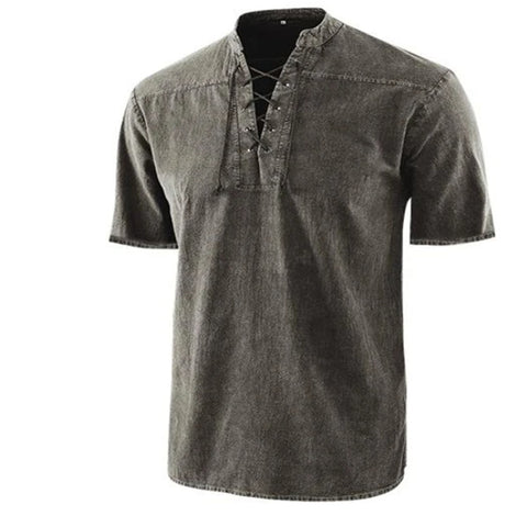 Men's  Casual Retro Solid Short Sleeve Lace Up V Neck T-shirt