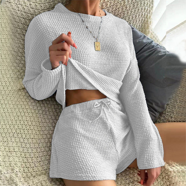Womens Waffle Knit Pajama Sets Long Sleeve Top and Shorts Matching Loungewear