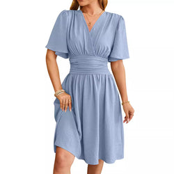 Women V-neck Short-sleeved  Bell-sleeved Dress