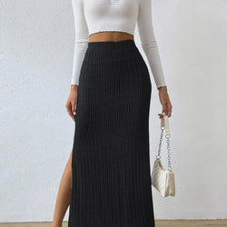 Women Solid Ribbed Knit Bodycon High Split Skirt