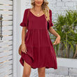 Women Summer V-Neck Solid Color Ruffle Short Sleeve Mini Dress with Pocket