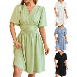 Women V-neck Short-sleeved  Bell-sleeved Dress