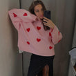 Love Embroidery Knit O-neck Women Pullover Lantern Sleeve Oversized Sweater