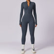 Women Sexy Bodycon Workout Solid Long Sleeve Zipper Jumpsuit