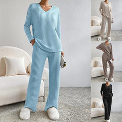 Women Winter Long Sleeve V-neck  Pajamas Suit 2 Piece Sets