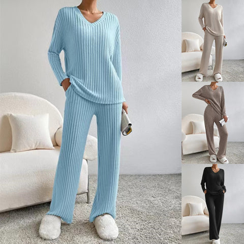 Women Winter Long Sleeve V-neck  Pajamas Suit 2 Piece Sets
