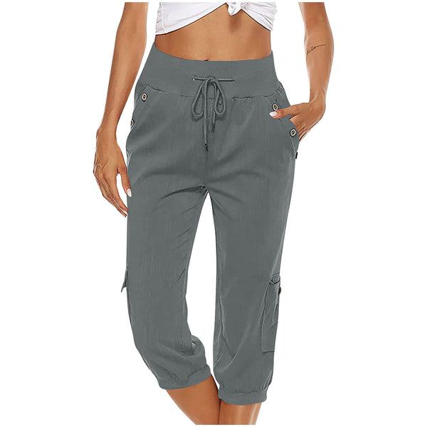 Women Elastic Waist Capri Pants with Pockets