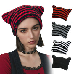 Women Cat Ear Knitted Stripe Hat