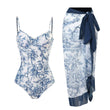 Women Vintage Print Swimsuit Set with Swimsuit Skirt Set