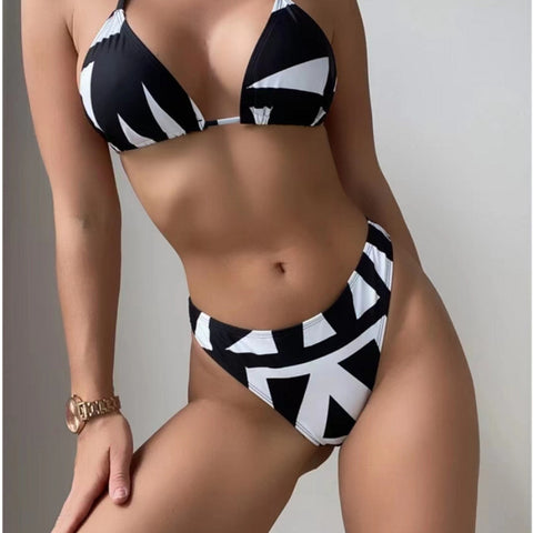 3PCS/SET Tropical Print Halter Triangle Bikini Swimsuit With Romper