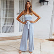 Women Off Shoulder Elegant Rompers Wide Leg Long Pants with Belt