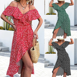 Women Ruffles Off Shoulder Casual Print Dress