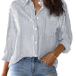 Womens Button Down Striped Classic Long Sleeve Collared  Blouse