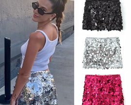 Sexy Women Fashion Low Waist Side Zipper Sequin Mini Skirt