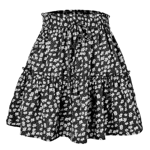Women Floral Ruffle Hem Black Ruffle Skirt A-line Flowy Short Skirt