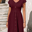 Women Ruffle Trim V-neck Smock Dress with Button