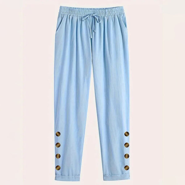 Women Cotton Elastic Waist Solid Color Trousers