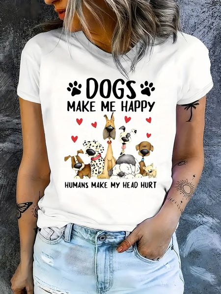 Women Dog Print Short Sleeves Tshirt