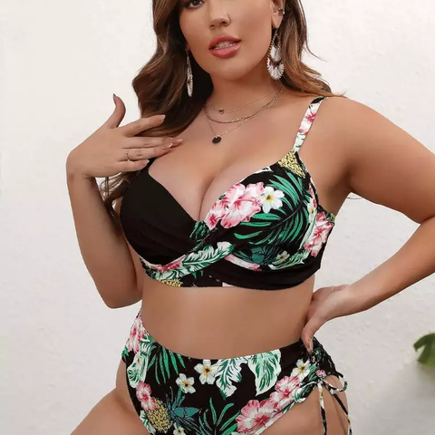 Women Plus Size Tripical Print Bikini Set