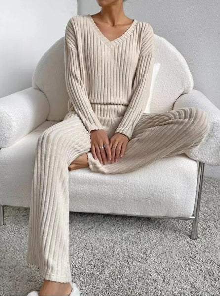 Women Winter Long Sleeve V-neck  Pajamas Suit 2 Piece Sets