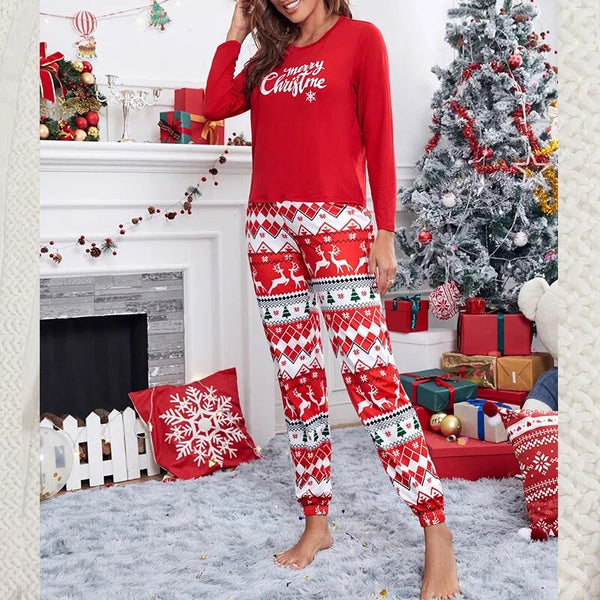 Women Pajamas Set Christmas Gift Sleepwear Red Print Elk Long Sleeve Trouser Suits