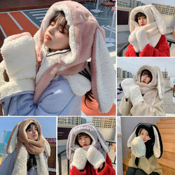 3in1  Rabbit Ears Hat Women Cute Warm Winter Thick Warm Long Hoodies Neck Scarf with Mittens