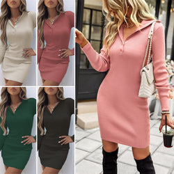 Women Knitted Button Slim Long Sleeves Dress