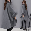 Women Faux Fur Cloak Coat Bat Sleeve Wool Blend Buckle Collar Cape