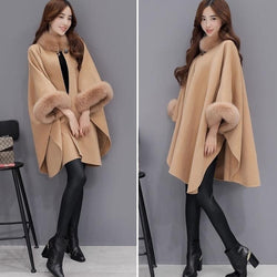 Women Faux Fur Cloak Coat Bat Sleeve Wool Blend Buckle Collar Cape