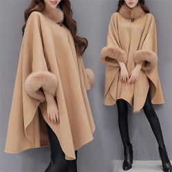 Women Faux Fur Cloak Coat Bat Sleeve Wool Blend Buckle Collar Cape