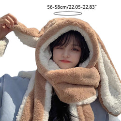 3in1  Rabbit Ears Hat Women Cute Warm Winter Thick Warm Long Hoodies Neck Scarf with Mittens