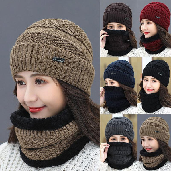 Women Winter Windproof Warm Knit Beanie Hat Scarf Set