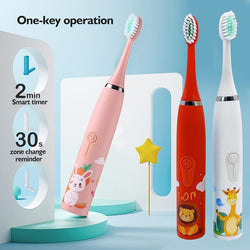 Children Cleaning Teeth Rechargeable Sonic Electric Toothbrush with 6 Toothbrush Heads