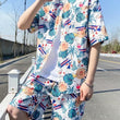 Men's 2 Piece Summer Outfit  Print Short Sleeve Button Down Hawaiian Shirt Drawstring Shorts