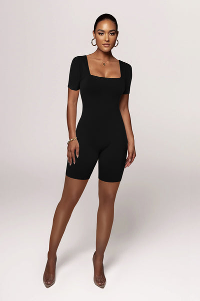 Women Square Neck Ribbed Knit Bodycon Short Jumpsuit